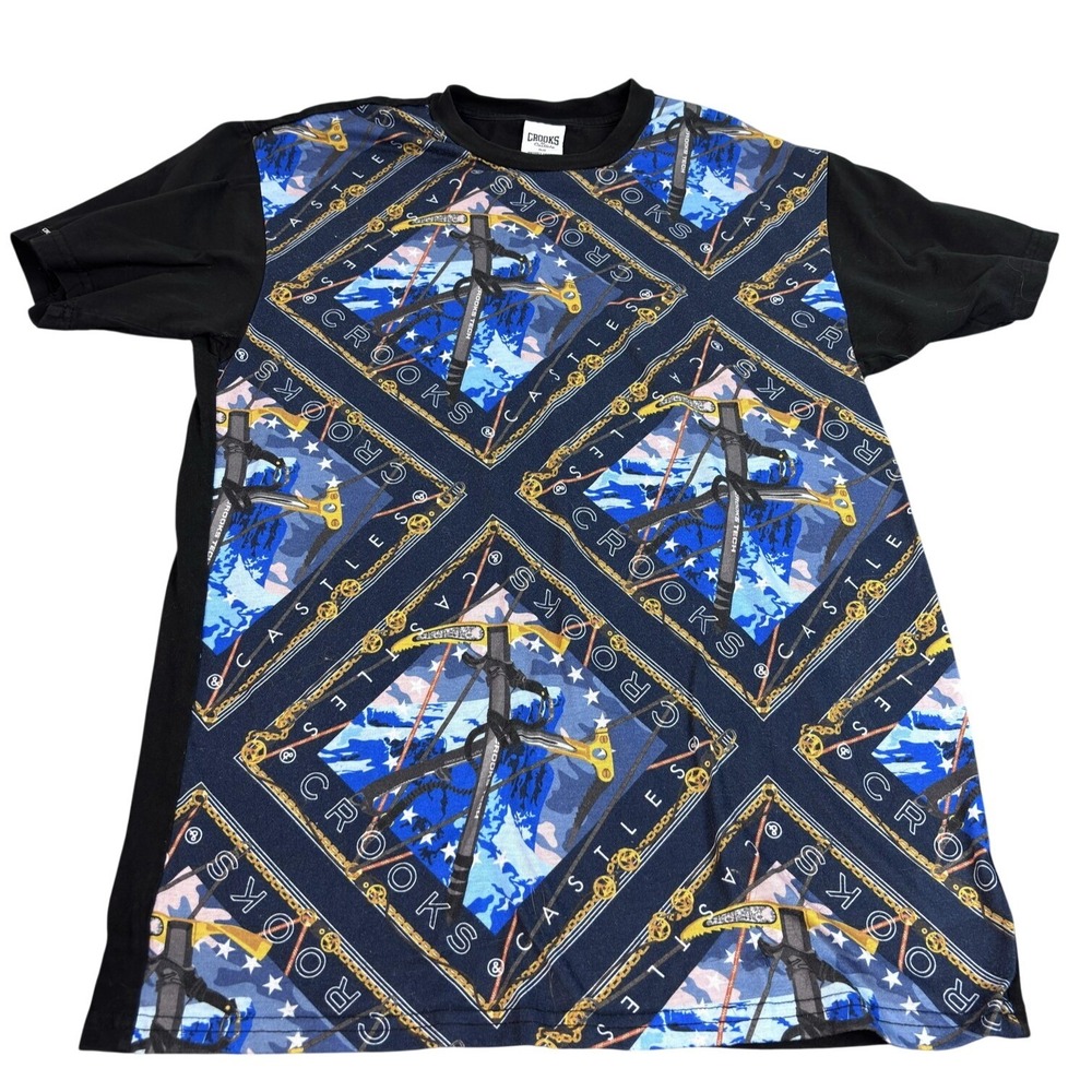 Crooks & Castles Shirt Mens Medium Black All Over Graphic Print Short Sleeve